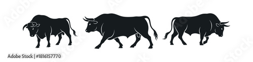 Set of three black bull silhouettes in different poses for various design concepts