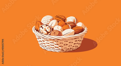 Basket of assorted nuts illustrated on an orange background, a visual feast of healthy food