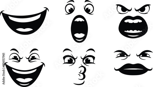 Various expressive face illustrations depicting emotions like joy, surprise, and anger in black and white style 
