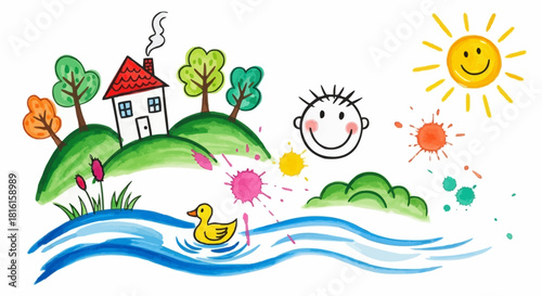 Childlike watercolor painting of a house on a hill with a river and duck.