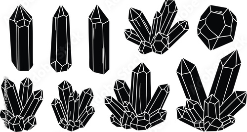 Black crystal illustrations showcasing various geometric shapes and textures for artistic or design purposes 