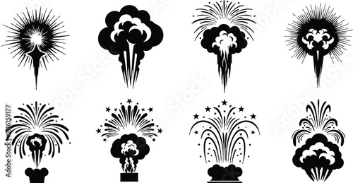 Explosive fireworks illustrations featuring various designs and styles for celebration and festive occasions 
