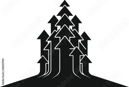 Multiple upward arrows converging and rising, isolated on white background.