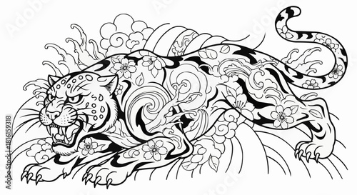 Majestic jaguar prowling with intense focus and determination in detailed illustration.