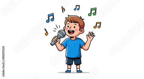 Young boy singing enthusiastically into a microphone with musical notes floating around him.