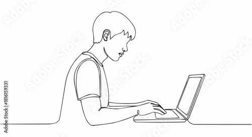 A single continuous line drawing of a young person working on a laptop computer.