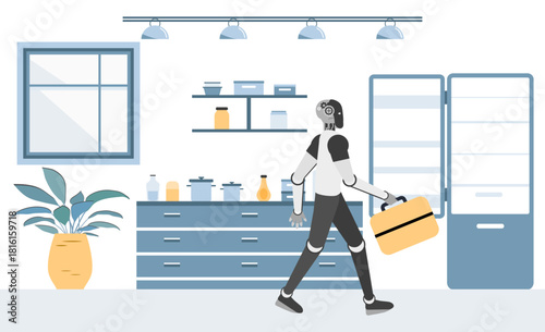 Robot carrying suitcase inside modern kitchen with open fridge, concept of futuristic lifestyle