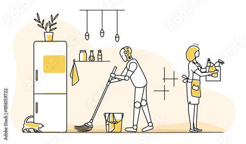 Robot assisting woman in kitchen cleaning with mop and supplies, modern technology concept