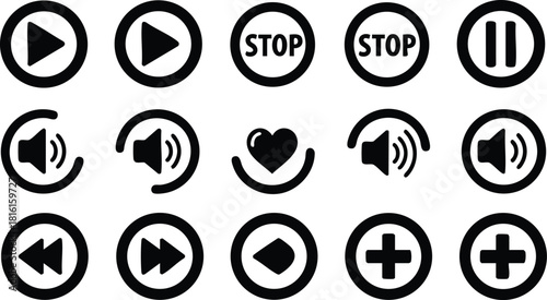 Play, stop, and volume control icons in a minimalist design for user interface applications 