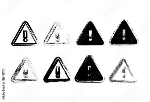 Set of grunge and distressed warning icons designed with rough textures, bold triangle shapes, and exclamation symbols. Ideal for posters, safety graphics, digital art, and retro style design projects