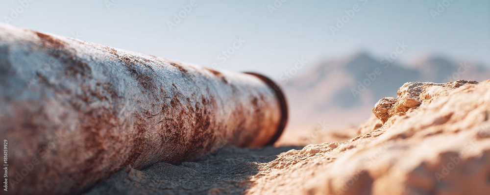 Fototapeta premium Eroded metal pipe resting in a sandy landscape. A metaphor for decay, infrastructure, or environmental issues. Use for concepts of abandonment, waste, or industry.