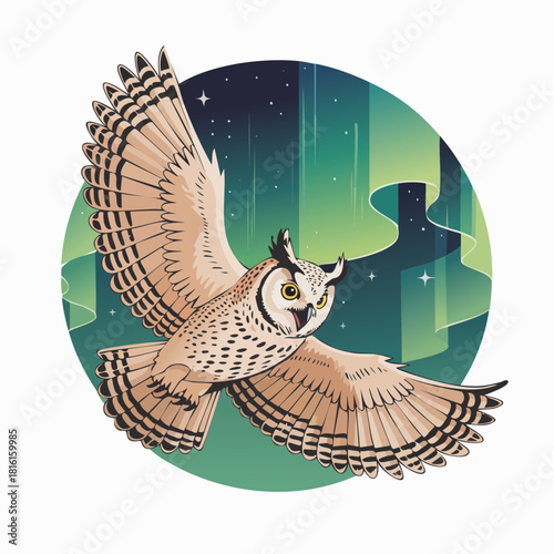 An illustration of a long-eared owl in flight with wings spread, set against a vibrant green and blue aurora borealis night sky.