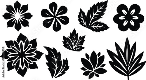 Floral silhouettes featuring various leaf and flower designs for graphic illustration use 