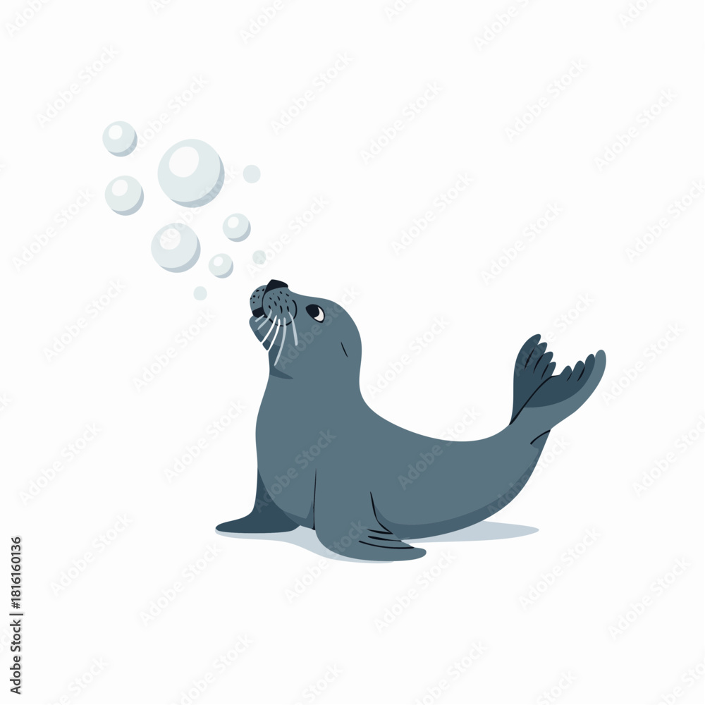 Obraz premium A cute cartoon grey seal blowing a stream of white bubbles upwards into the air on a plain white background.