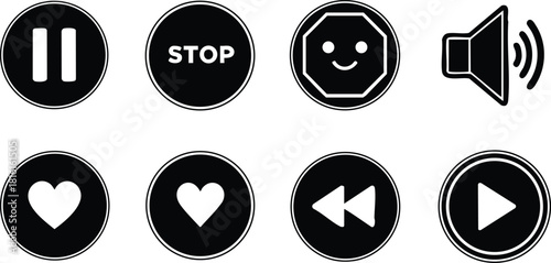 Media control icons including play, pause, stop, and volume symbols for user interface design 