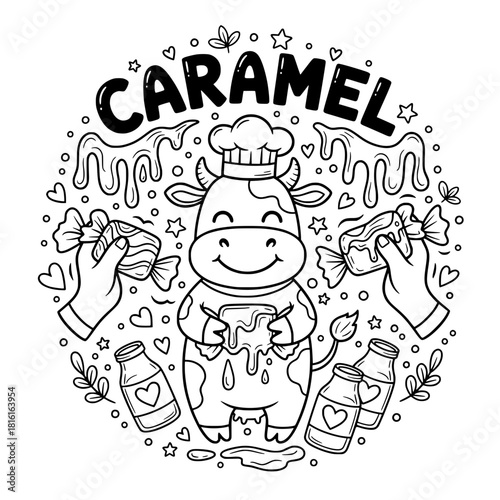 Caramel Candies Doodle Vector Illustration with Chef Cow Mascot, Melted Sauce Drips, and Sweet Milk Bottles in Black and White Outline.