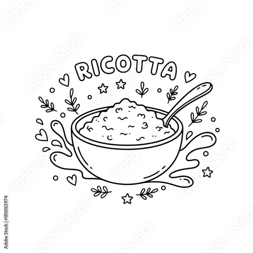 Ricotta Cheese Doodle Vector Bowl with Spoon, Fresh Herbs, and Decorative Splashes in Black and White Outline Style.