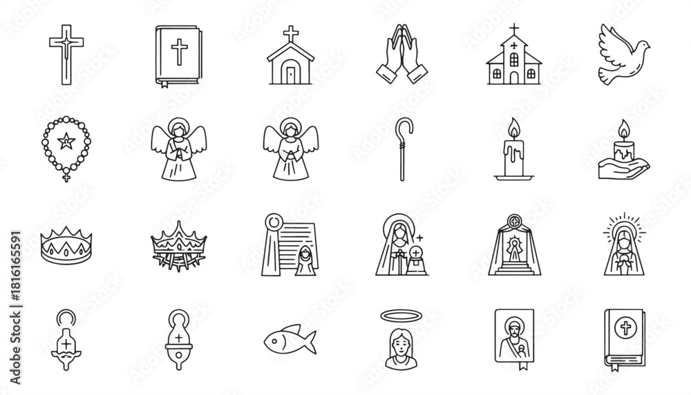 Fototapeta premium Christian Line Icon Set – Religion, Faith & Worship Vector Illustration