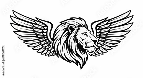 Majestic Winged Lion Head Emblem Symbol.