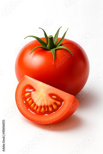 Juicy Tomato and Slice: A close-up studio shot highlights the vibrant, appetizing texture of a fresh tomato and a carefully sliced portion, embodying the freshness of harvest.