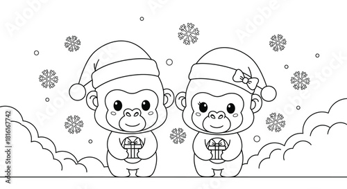 Charming Christmas Gorillas Coloring Page Festive Holiday Fun for Everyone