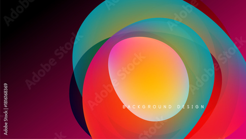 Abstract colorful layers create dynamic circular design. Vibrant gradients blend, forming modern visual impact. Background is dark, contrasting bright shapes.