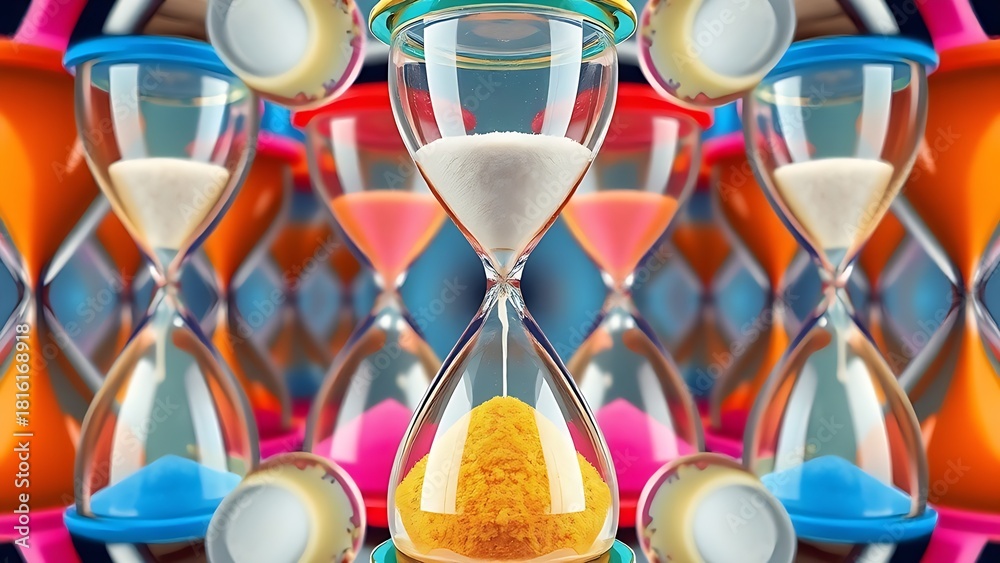 Fototapeta premium adhd. Colorful overlapping hourglasses with upward-flowing sand, depicting the unique perception of time in ADHD. wellbeing guides. 