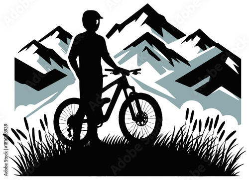  A lone rider stands beside a mountain bike on a grassy hill, framed by jagged peaks and cool skies, capturing outdoor adventure, freedom, and nature-inspired scenery.