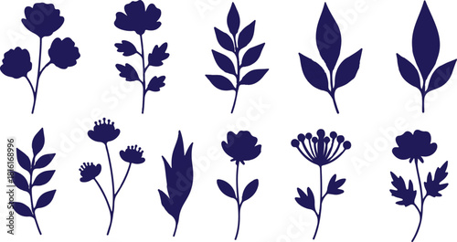 collection of eleven dark blue floral and leaf illustrations set against a clean white background. This stark contrast enhances the visibility of the designs, 