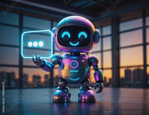 Cute AI Robot Holding Glowing Chat Bubble. Artificial Intelligence, Customer Service, and Technology Concept.