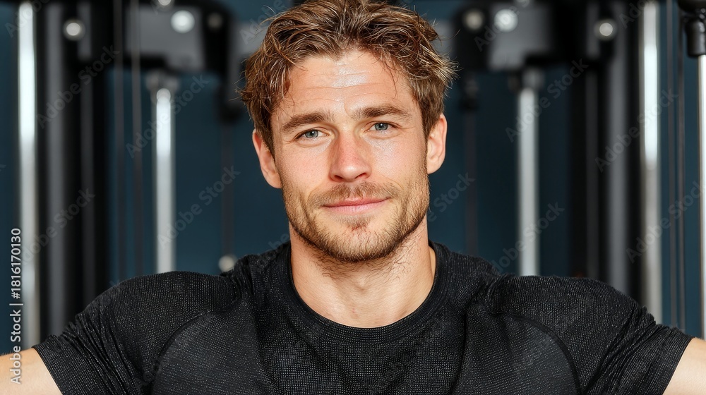 Obraz premium A handsome man with a beard and brown hair smiles at the camera while wearing a black t-shirt in a gym.