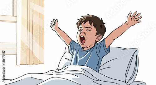 Young boy waking up in the morning stretching and yawning.