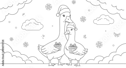 Two Cute Geese with Christmas Hats, Gifts and Snowflakes, Coloring Page for Kids