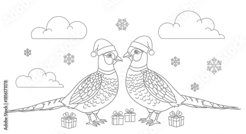 Festive Pheasants Christmas Coloring Page for Winter Holiday Fun with Gifts