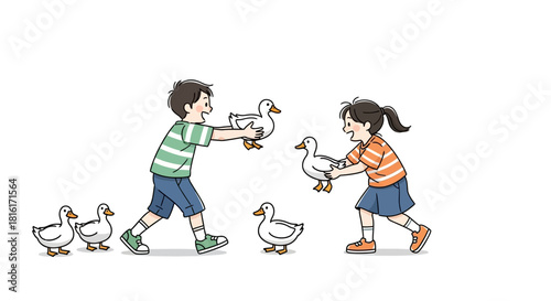 Cheerful children bonding through playful interaction with ducks in a serene setting