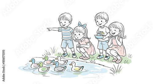 Children's delight: A pond of ducks captivating young observers in playful exploration of nature