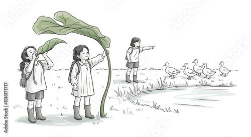 Whimsical child sketches of girls discovering ducks by the pond on a summer afternoon adventure