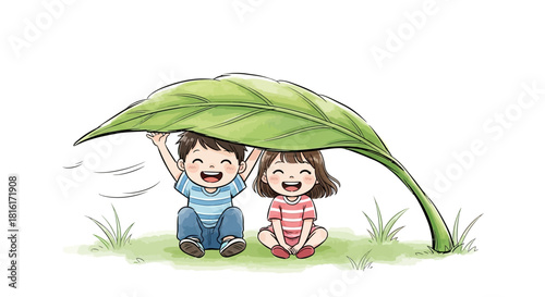 Joyful children under a leaf in an expressive artistic scene with a unique style