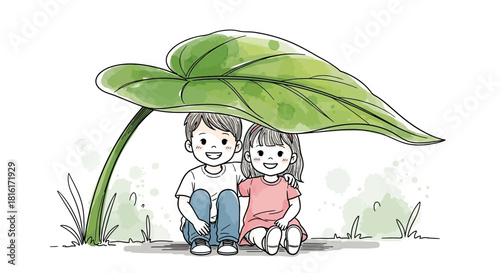 Illustrative scene of children hiding under a giant leaf representing safe shelter and friendship