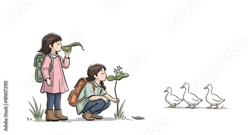 Children's illustration of girls smelling plants while ducks waddle by in a natural setting