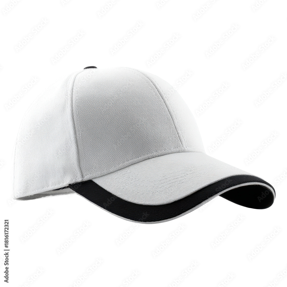 Fototapeta premium White baseball cap with black and white trim isolated on white background image, Png Isolated On White, Transparent Background