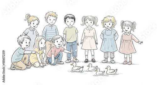 Watercolor drawing showcases a group of children cheerfully observing floating ducks in a puddle