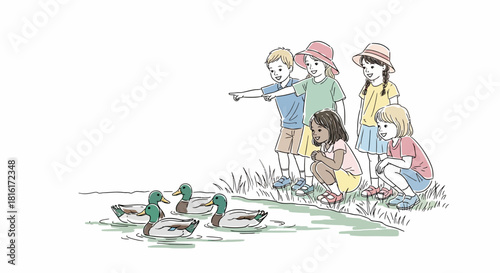 Children's delightful moment watching ducks swimming, a heartwarming depiction of childlike wonder