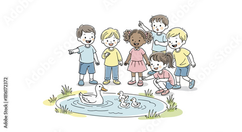 Children captivated by mother duck and ducklings enjoying a delightful pond view near the cheerful