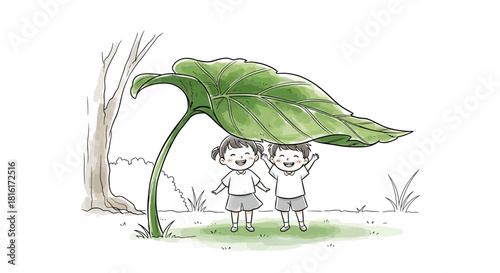 Children's illustration of two happy kids sheltering under a giant leaf in nature illustration