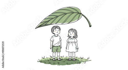 Children finding shelter beneath a giant leaf, embodying the innocence of childhood adventures