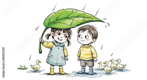 Children sheltered from the rain under a large leaf surrounded by adorable ducklings watercolor