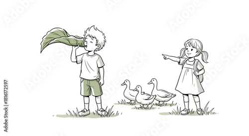 Illustrative scene depicts children interacting with nature and a group of ducks in a playful