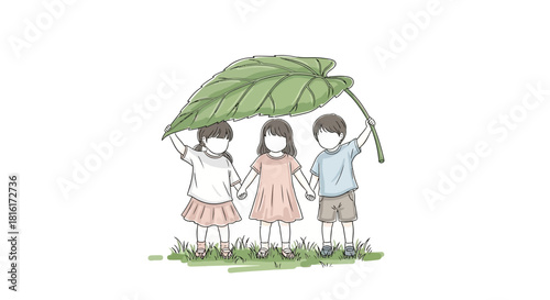 Illustration of children beneath a large leaf symbolizing protection and innocence