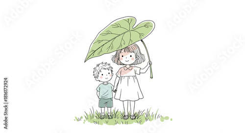 A heartwarming illustration of a girl and a boy sharing a big leaf umbrella in nature